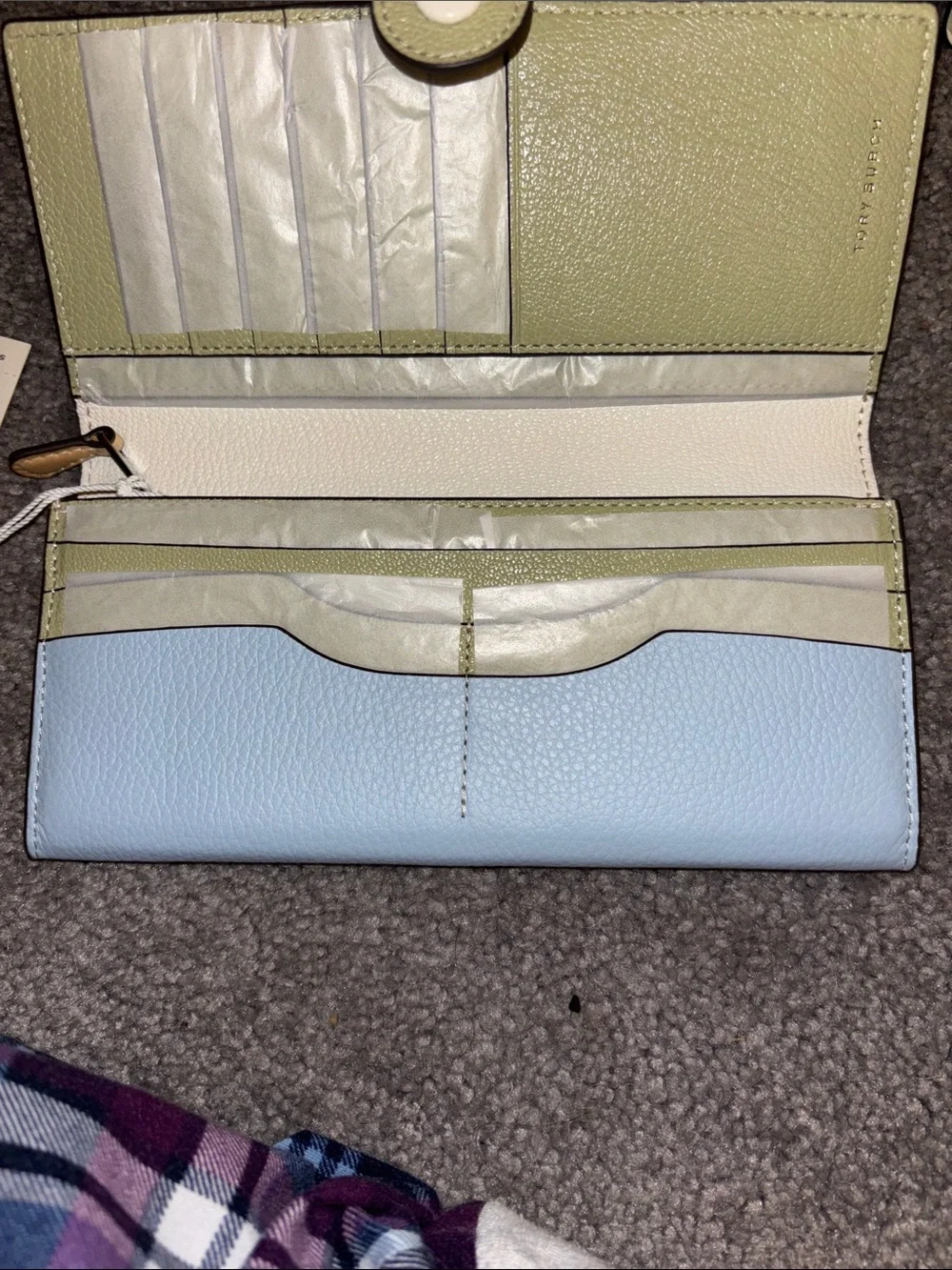 Tory Burch Light Blue Continental Wallet with Lime Snap Closure